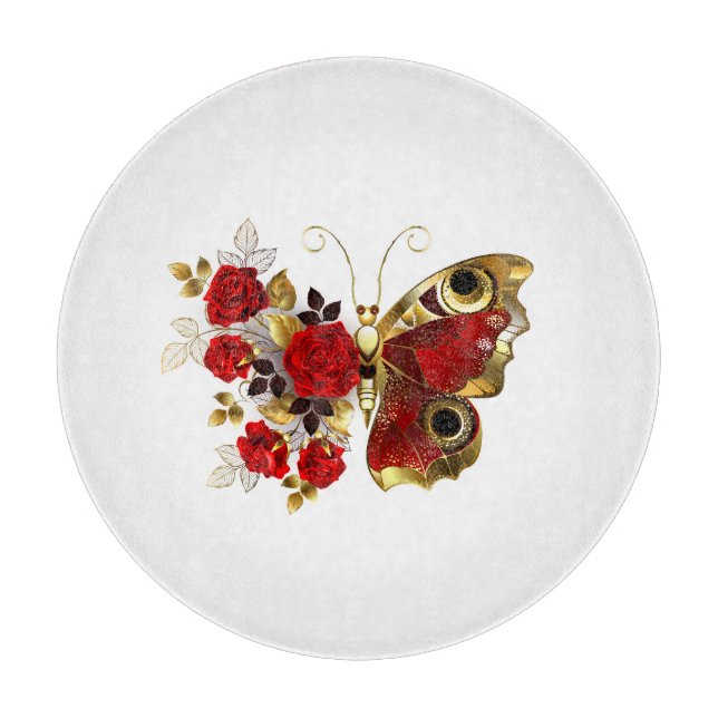 Röd blomfjäril med röd ros (Framsidan)