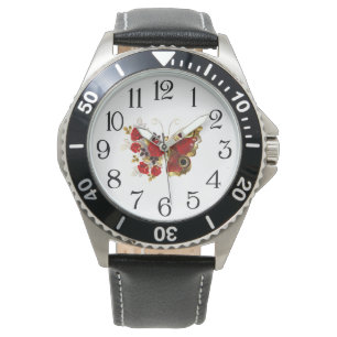 Röd blomfjäril med röd ros armbandsur