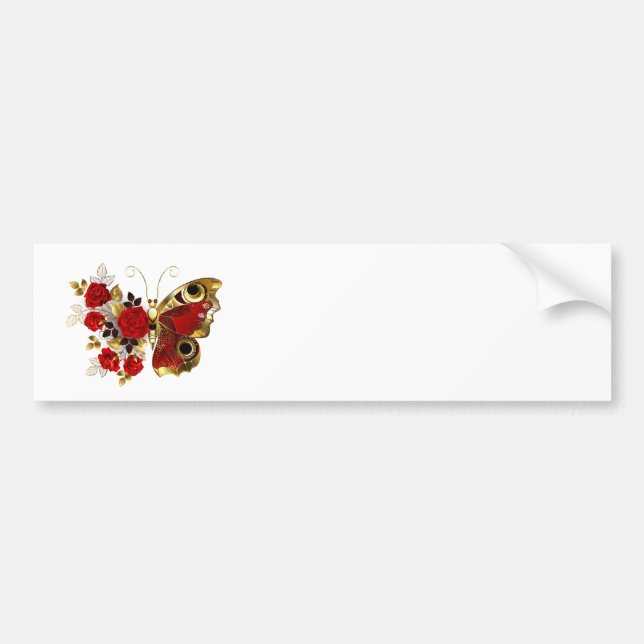 Röd blomfjäril med röd ros bildekal (Framsidan)