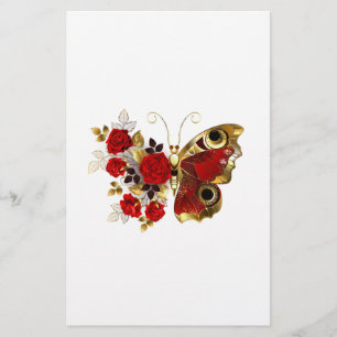 Röd blomfjäril med röd ros brevpapper