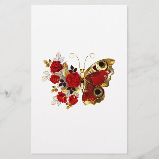 Röd blomfjäril med röd ros brevpapper (Framsida)