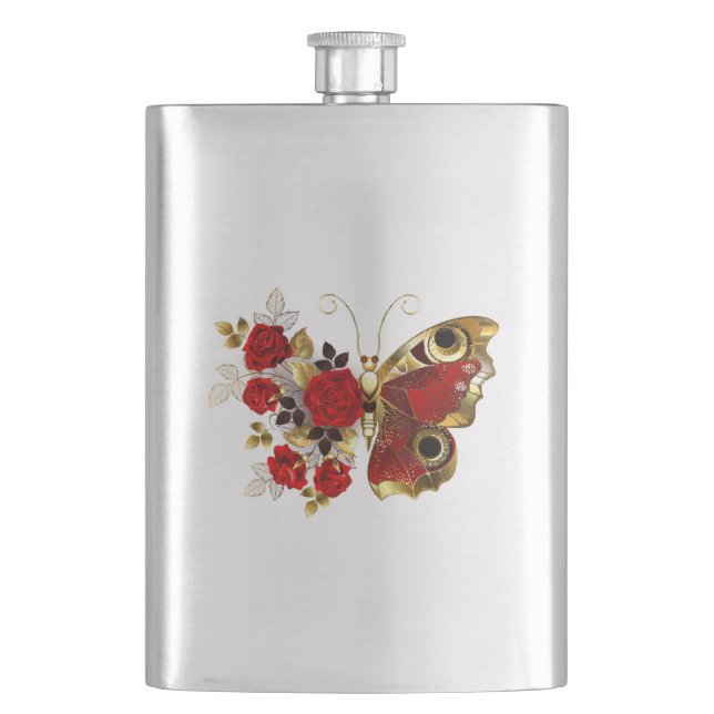 Röd blomfjäril med röd ros fickplunta (Framsidan)