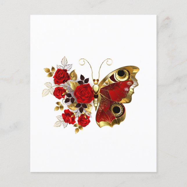 Röd blomfjäril med röd ros flygblad (Framsidan)