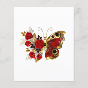 Röd blomfjäril med röd ros flygblad