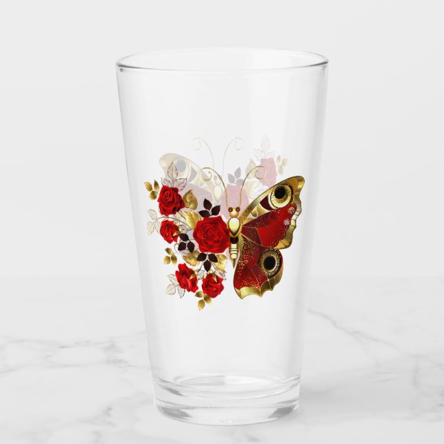 Röd blomfjäril med röd ros glaskopp (Framsida)