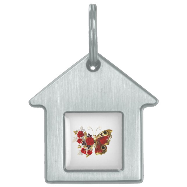 Röd blomfjäril med röd ros ID-bricka husdjur (Framsidan)