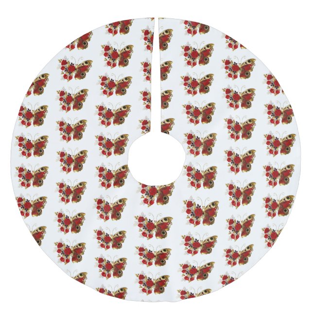 Röd blomfjäril med röd ros julgransmatta borstad polyester (Framsidan)