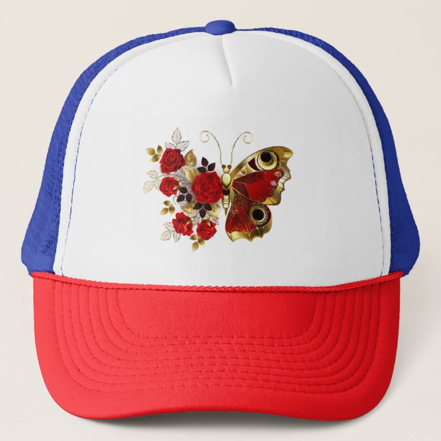 Röd blomfjäril med röd ros keps (Framsida)