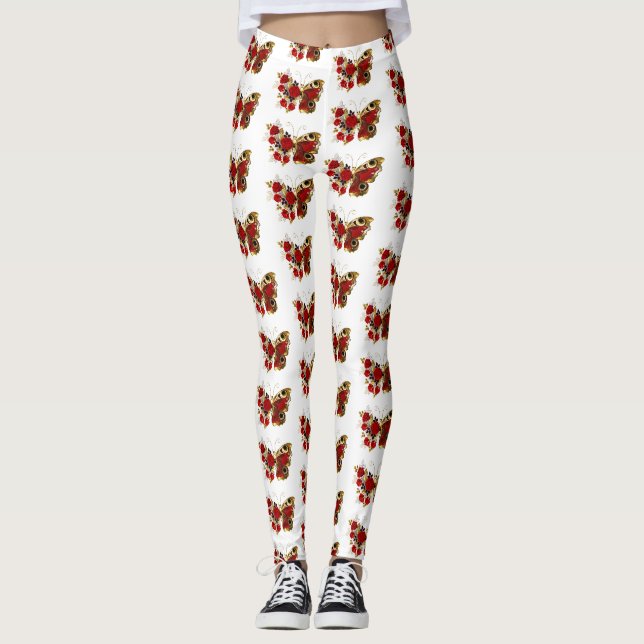 Röd blomfjäril med röd ros leggings (Framsida)