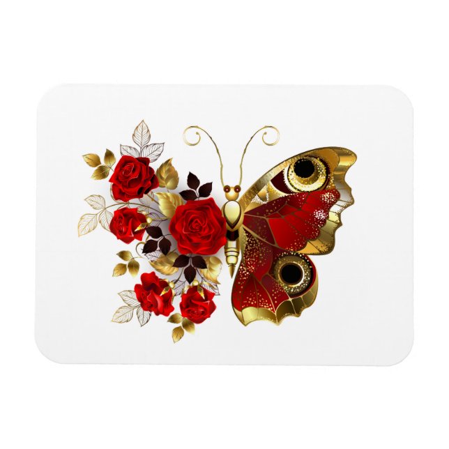 Röd blomfjäril med röd ros magnet (Horisontell)