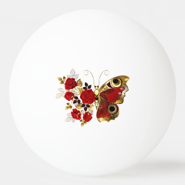 Röd blomfjäril med röd ros pingisboll (Framsidan)