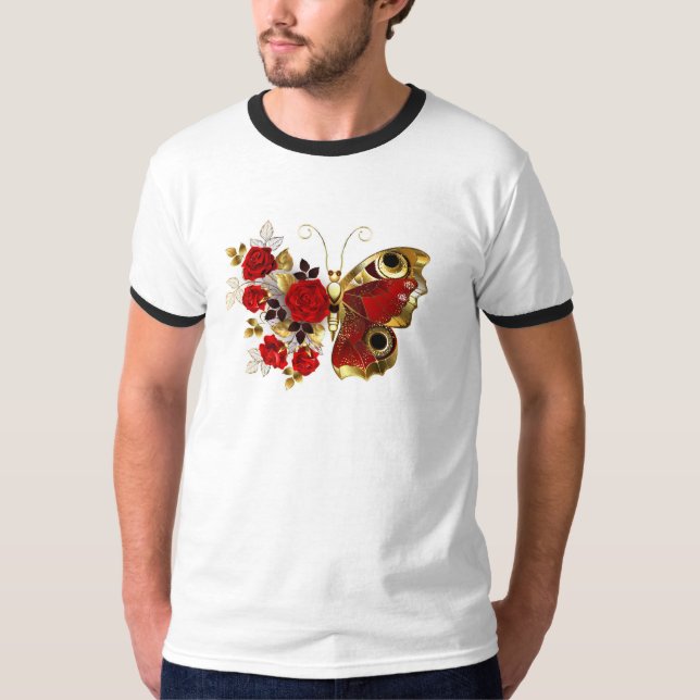 Röd blomfjäril med röd ros t shirt (Framsida)