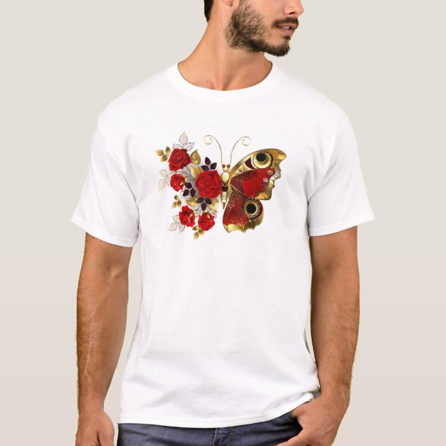 Röd blomfjäril med röd ros t shirt (Framsida)