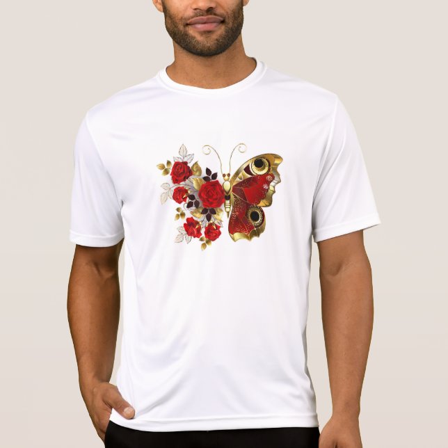 Röd blomfjäril med röd ros t shirt (Framsida)
