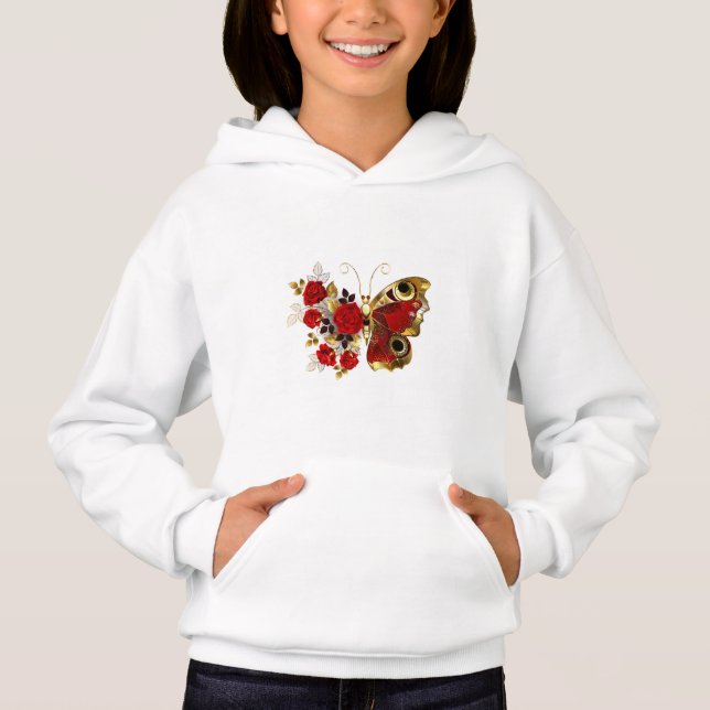 Röd blomfjäril med röd ros t shirt (Framsida)