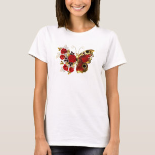 Röd blomfjäril med röd ros t shirt