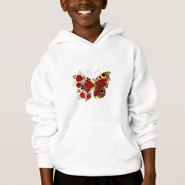 Röd blomfjäril med röd ros t shirt (Framsida)