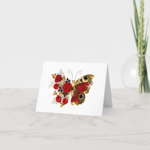 Röd blomfjäril med röd ros tack kort