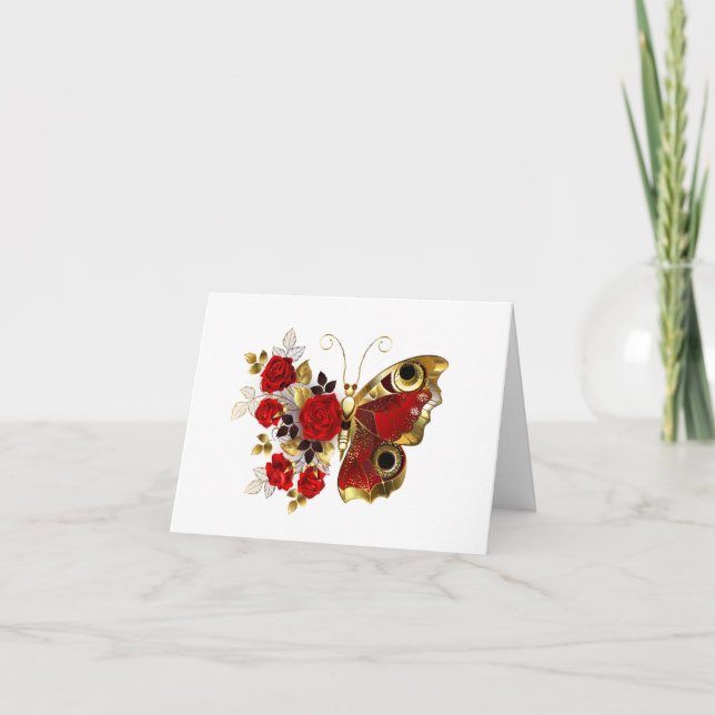 Röd blomfjäril med röd ros tack kort (Framsida)