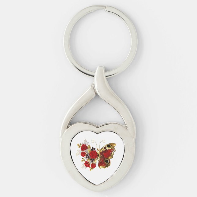 Röd blomfjäril med röd ros twisted heart silverfärgad nyckelring (Framsidan)