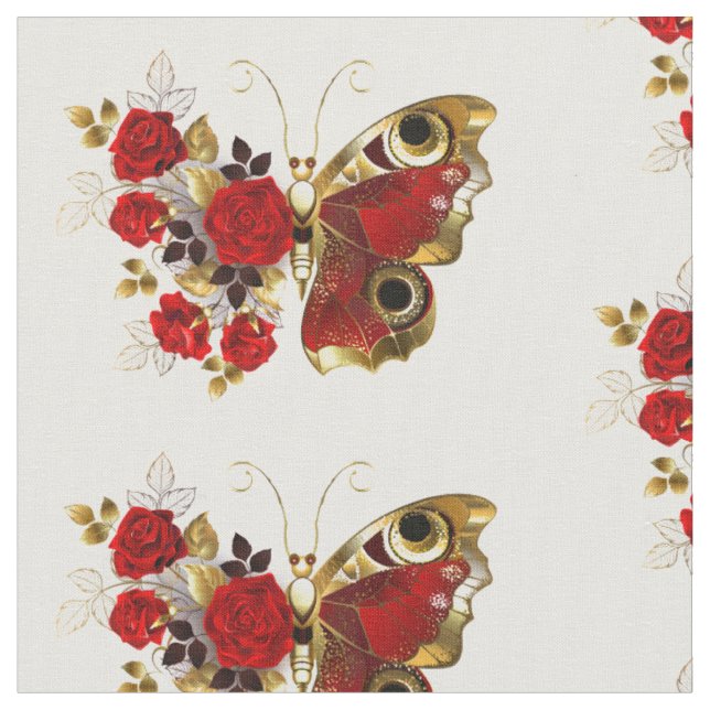 Röd blomfjäril med röd ros tyg (Närbild)