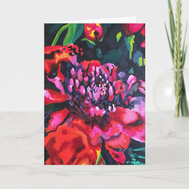 Röd blomma Blank Original Konst Viklad Lyckönsknin Kort (Framsida)