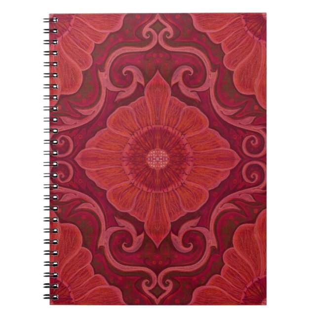 "Röd blomma" blommigt arabesque mönster Anteckningsbok Med Spiral (Framsidan)