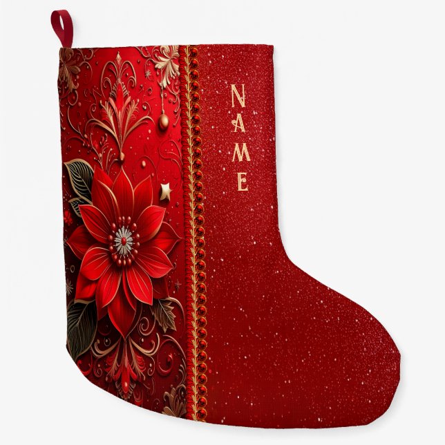 Röd Blomma Högtidsstrumpa Stor Julstrumpa (Framsidan)