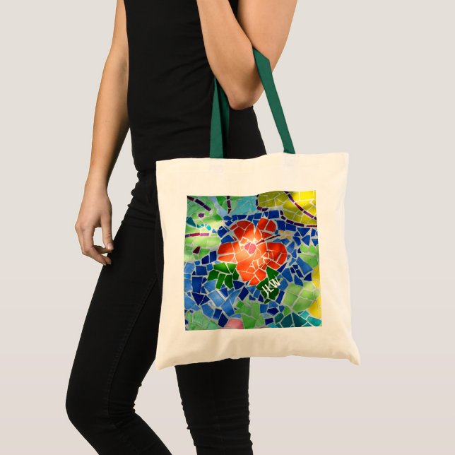 Röd blomma i ljusfärgen mosaik tygkasse (Framsida (produkt))