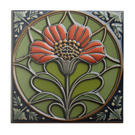 Röd blomma Mid-Century Symmetri Konsthantverk Kakelplatta