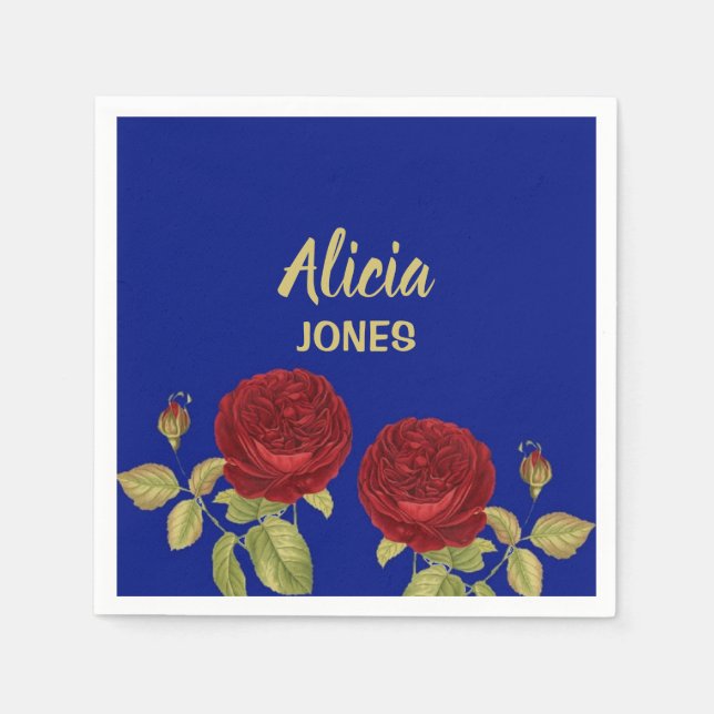 Röd blomma och löv blå pappersservett (Framsidan)