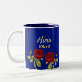 Röd blomma och löv blå Två-Tonad mugg