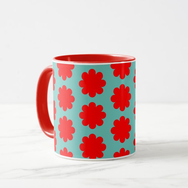 Röd blomma på Aqua Blue Retro Vibe Mugg Kopp (Framsida vänster)