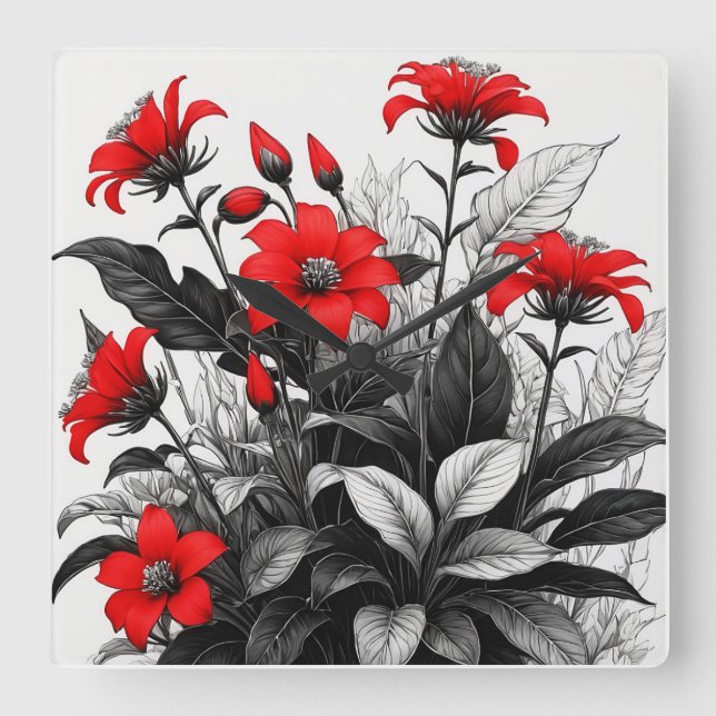 Röd blomma på svartvit växt fyrkantig klocka (Framsida)