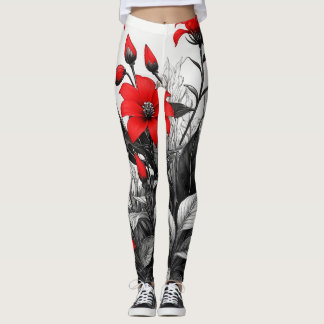 Röd blomma på svartvit växt leggings