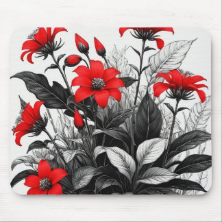 Röd blomma på svartvit växt musmatta