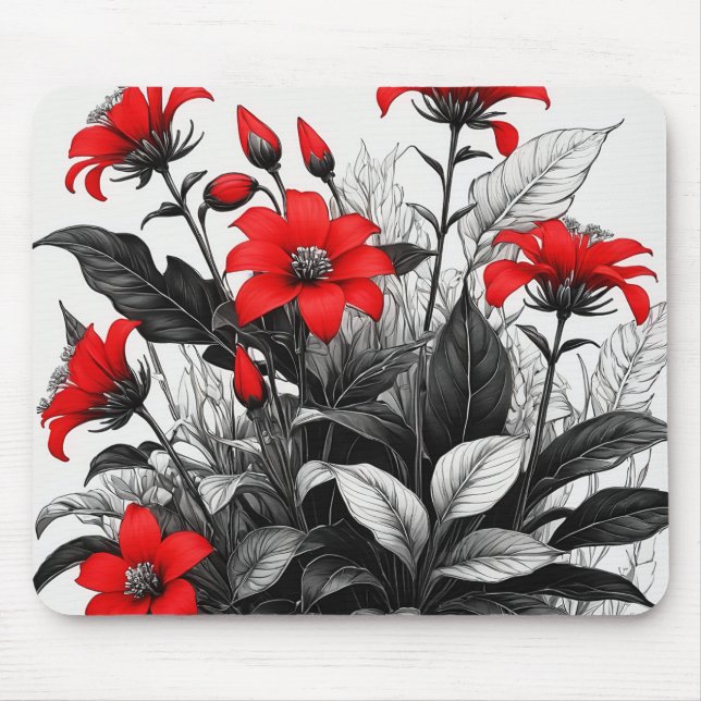 Röd blomma på svartvit växt musmatta (Framsidan)