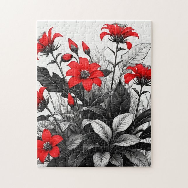 Röd blomma på svartvit växt pussel (Vertikal)