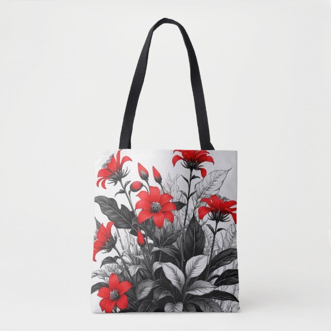 Röd blomma på svartvit växt tygkasse (Framsida)