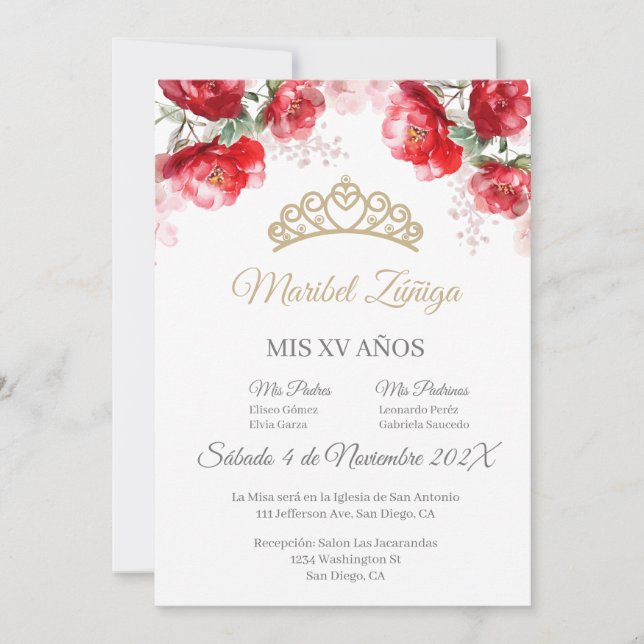 Röd blomma Quinceanera-inbjudan till krona Inbjudningar (Framsida)
