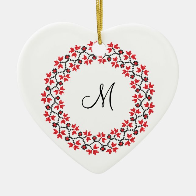 Röd blomma ring Personlig Monogram Initial Julgransprydnad Keramik (Framsidan)