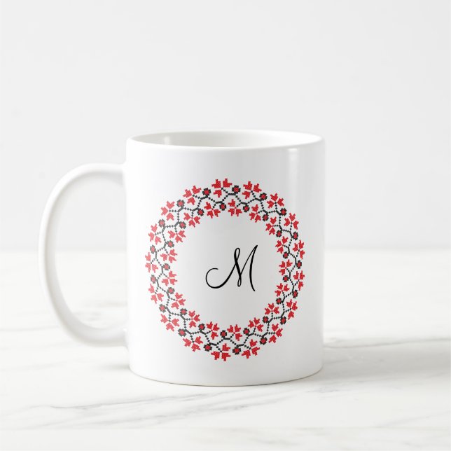 Röd blomma ring Personlig Monogram Initial Kaffemugg (Vänster)