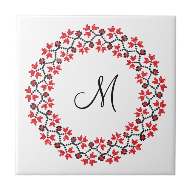 Röd blomma ring Personlig Monogram Initial Kakelplatta (Framsidan)