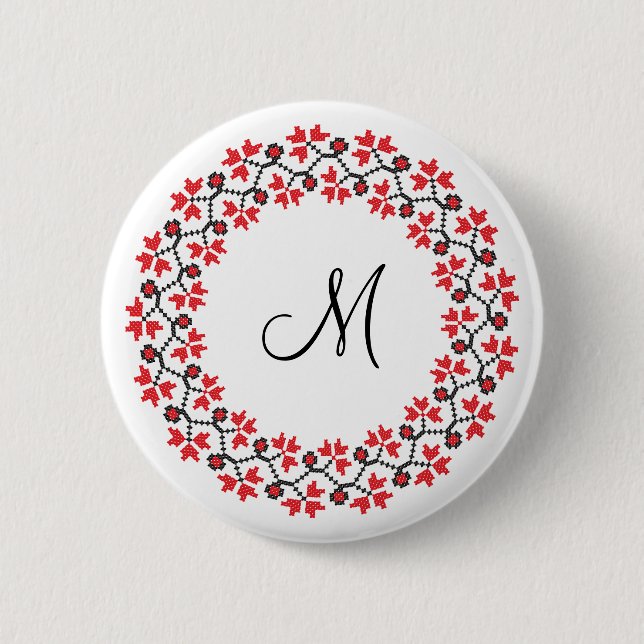 Röd blomma ring Personlig Monogram Initial Knapp (Framsida)
