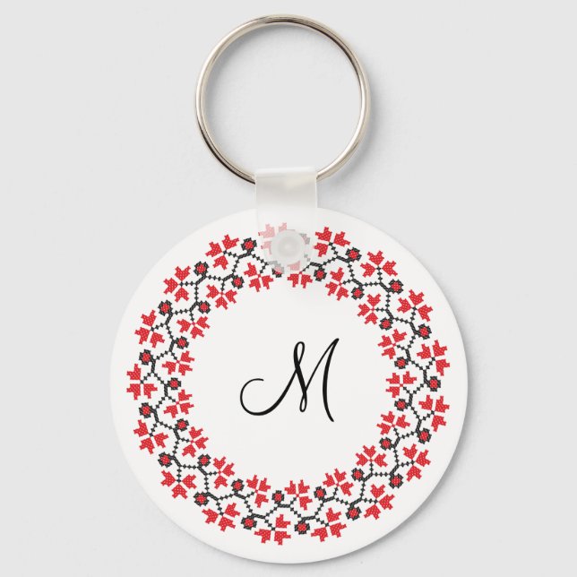 Röd blomma ring Personlig Monogram Initial Nyckelring (Framsida)