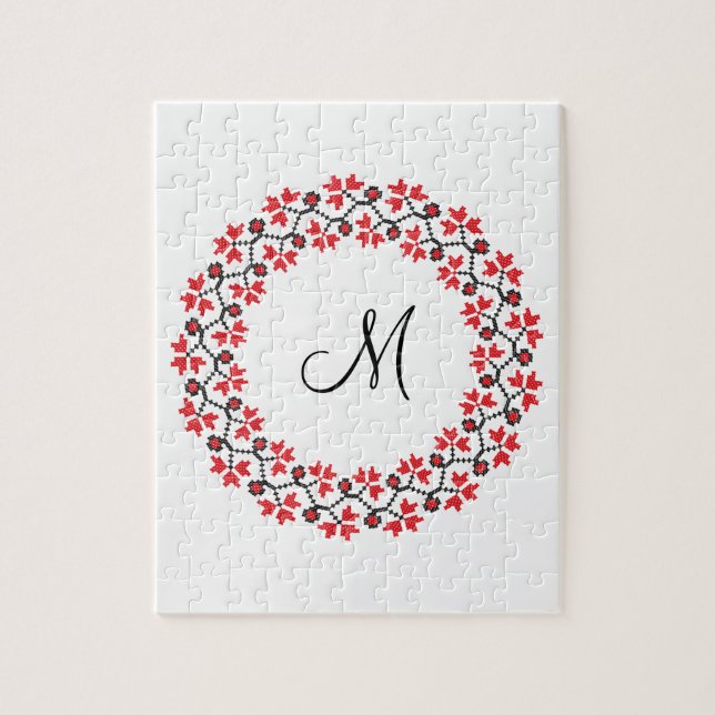 Röd blomma ring Personlig Monogram Initial Pussel (Vertikal)