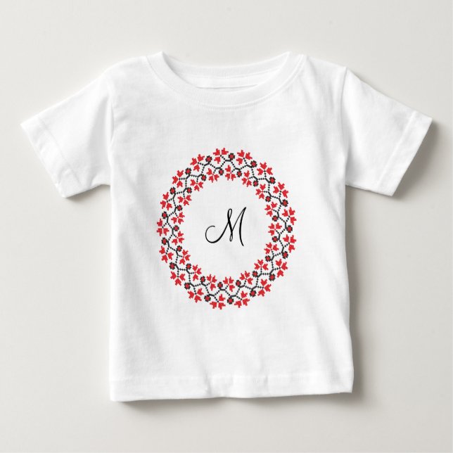 Röd blomma ring Personlig Monogram Initial T Shirt (Framsida)