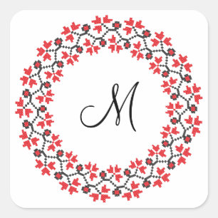 Röd blomma, ring, Personlig Monogram Initialt Fyrkantigt Klistermärke