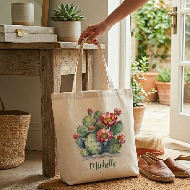 Röd Blommande Kaktus Med Namn Tygkasse (Skapare uppladdad)