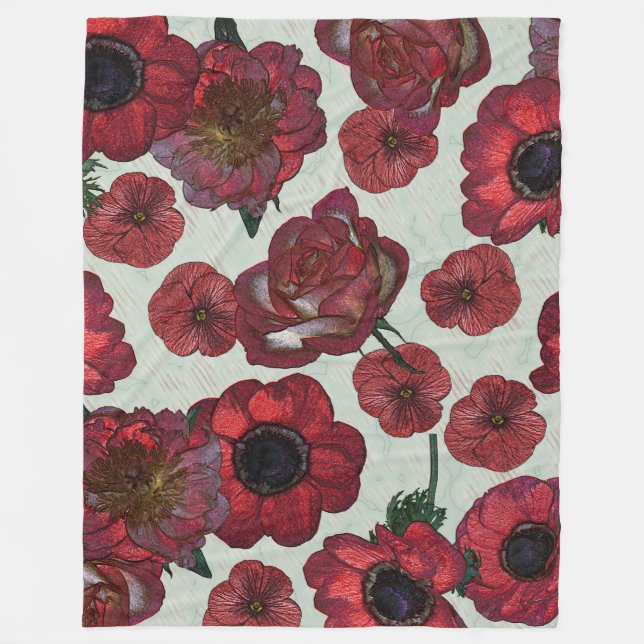 Röd blommaullfilt som är stor fleecefilt (Framsidan)